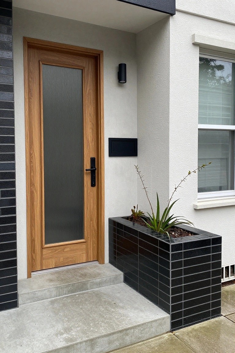 Modern wooden door with ribbed glass beside black tiled planter on steps.
