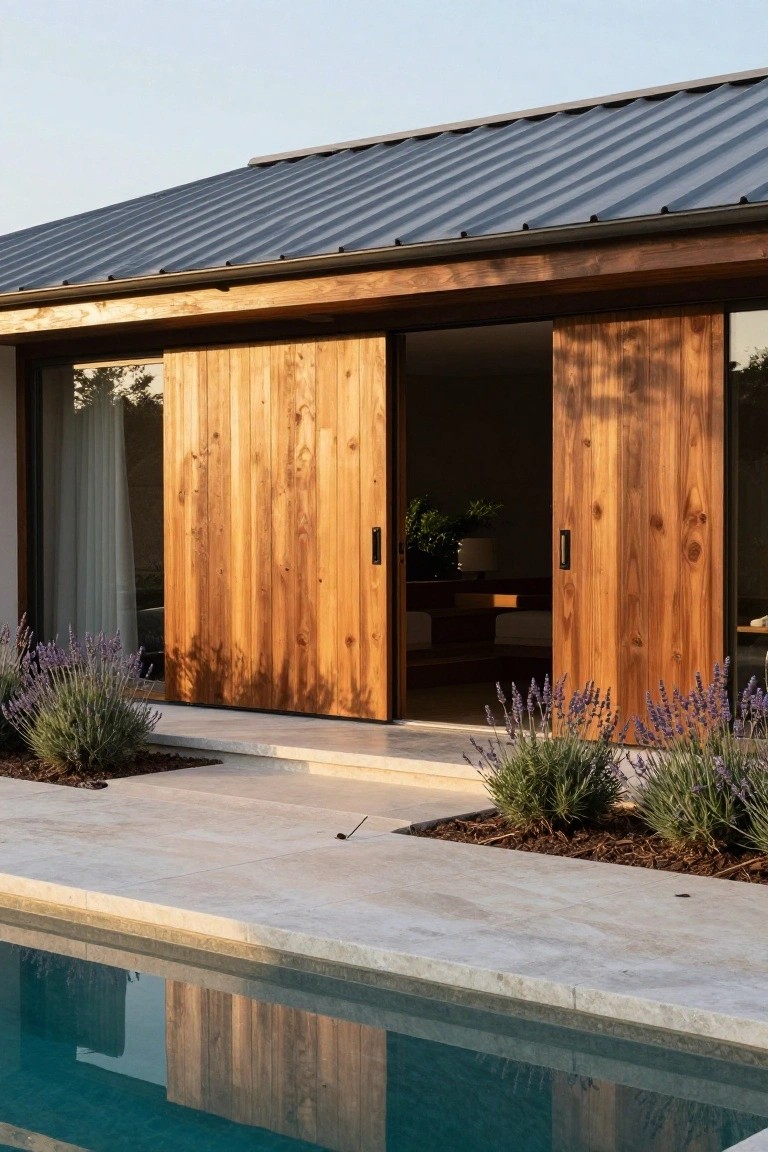 Modern house exterior featuring large wooden sliding doors beside a swimming pool with lavender plants in the foreground.