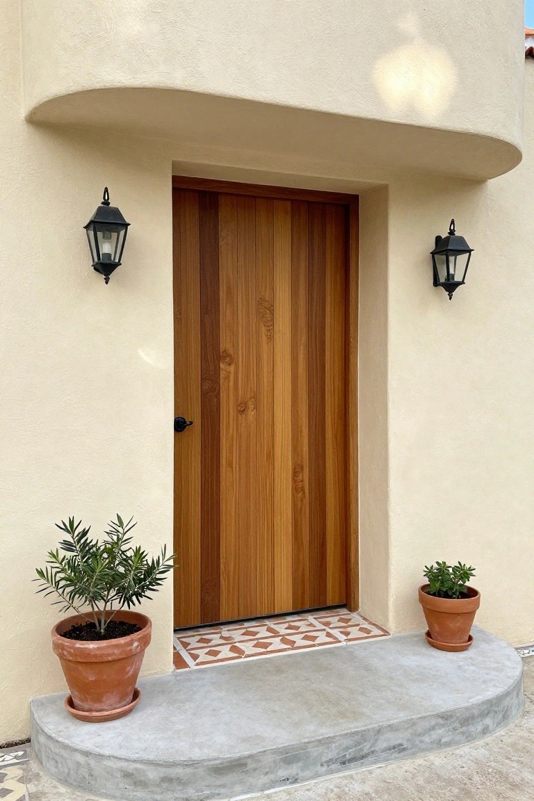 A vertical wood door sits inside a recessed opening on a light stucco wall, flanked by two black lanterns with potted plants on the concrete step below.