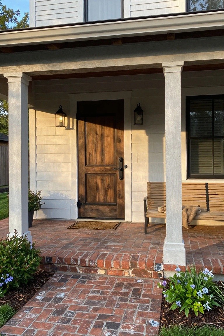 Wooden door on brick porch with white columns, lanterns, and wooden bench