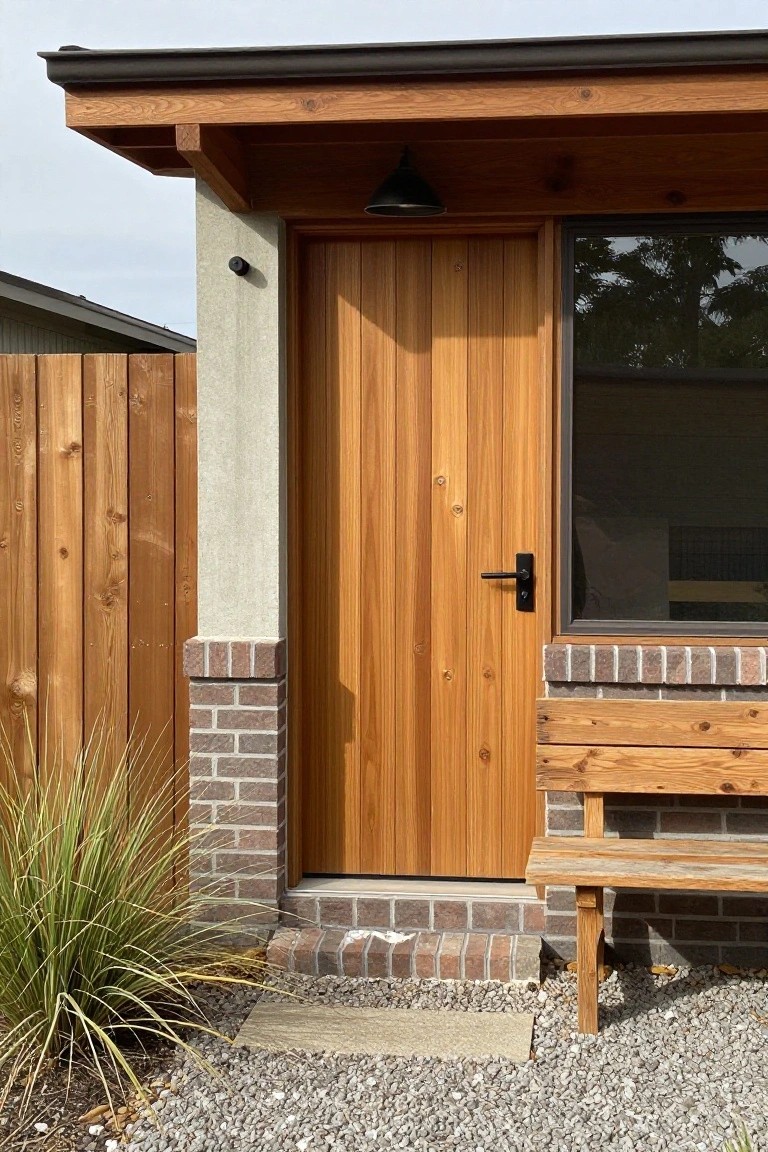 Wooden front door with black handle beside brick bench and gravel path
