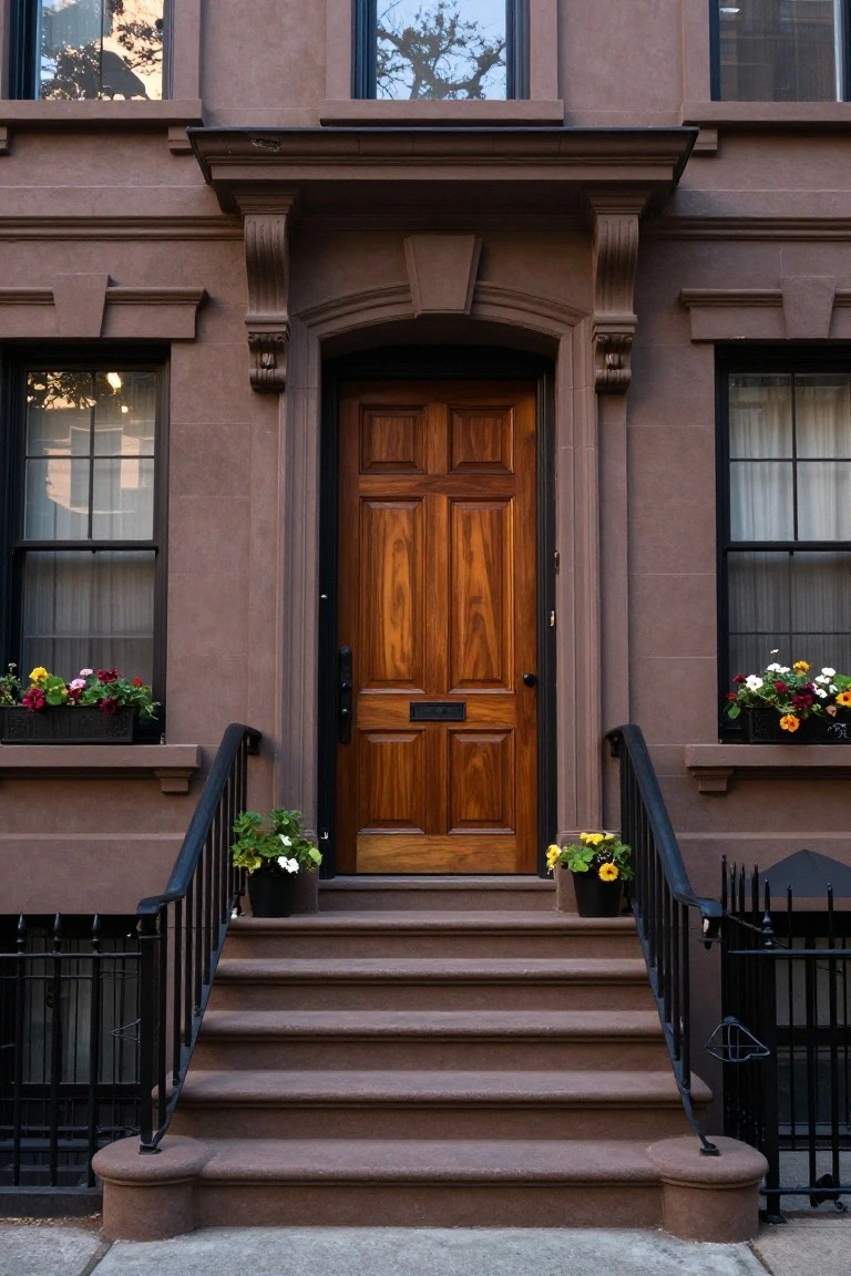 A six-panel wooden door set in a brownstone archway above stone steps with black railings and window boxes on either side.