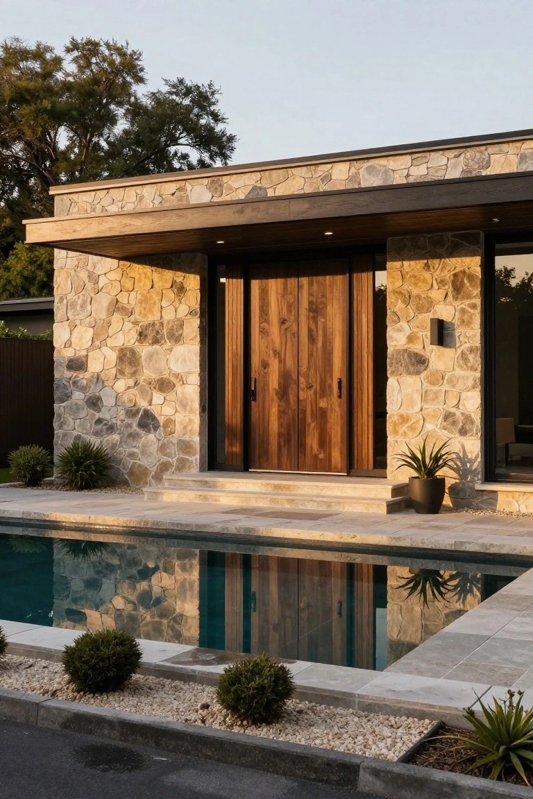 A contemporary house entrance with a large wooden double door centered in a stone facade, steps leading up from a pool area.