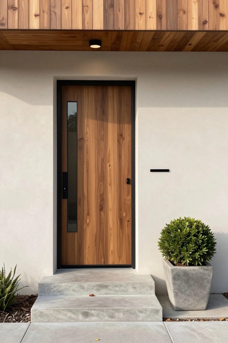 A modern wooden front door featuring a narrow vertical glass panel in a black frame, set into a light stucco wall with concrete steps and a potted shrub to the right.