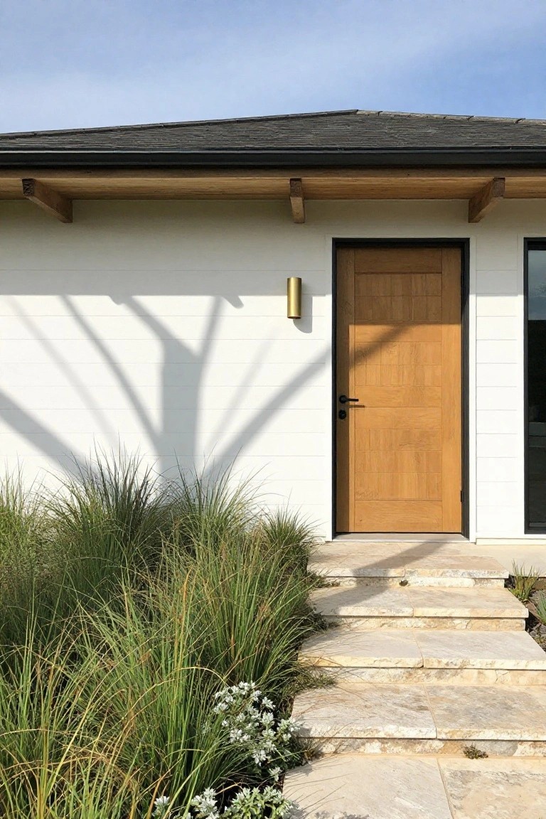 A modern house front with a wooden door in a black frame, stone steps, and tall grasses beside the entrance.