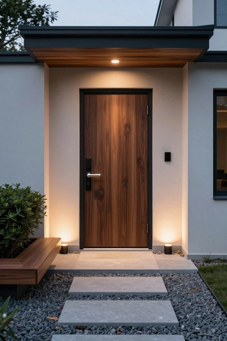 Modern wooden door under lit canopy with black frame, stone pavers on gravel path