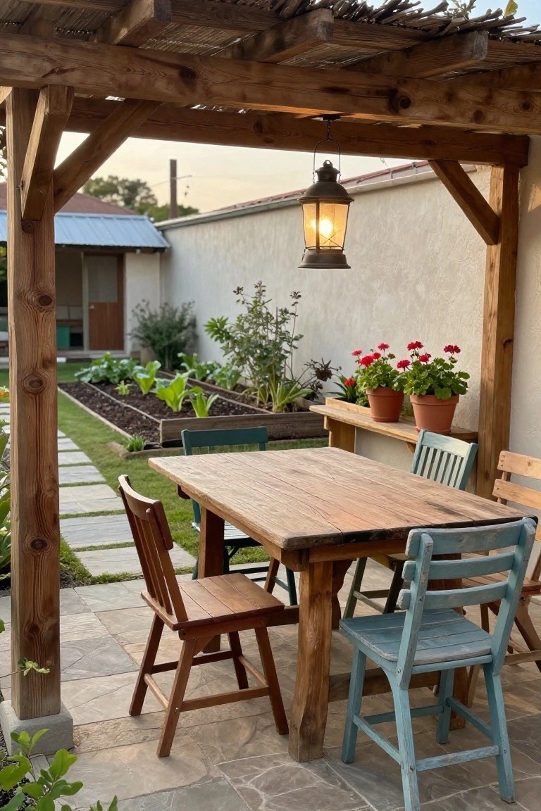 A wooden pergola shades a patio dining table with several wooden and painted chairs, potted red flowers on a bench, and raised garden beds visible beyond the seating area.