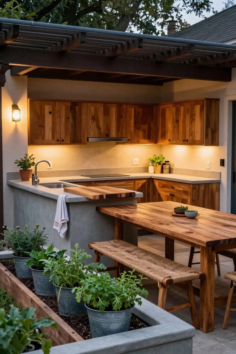 An outdoor patio kitchen with wooden cabinets and concrete counters sits under a dark pergola, next to a long wooden dining table with a woven bench and raised garden beds with potted plants.