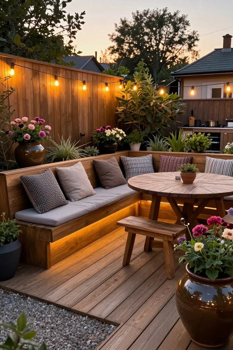 A wooden deck with built-in bench seating along a fence, a round table, string lights, and multiple potted plants.