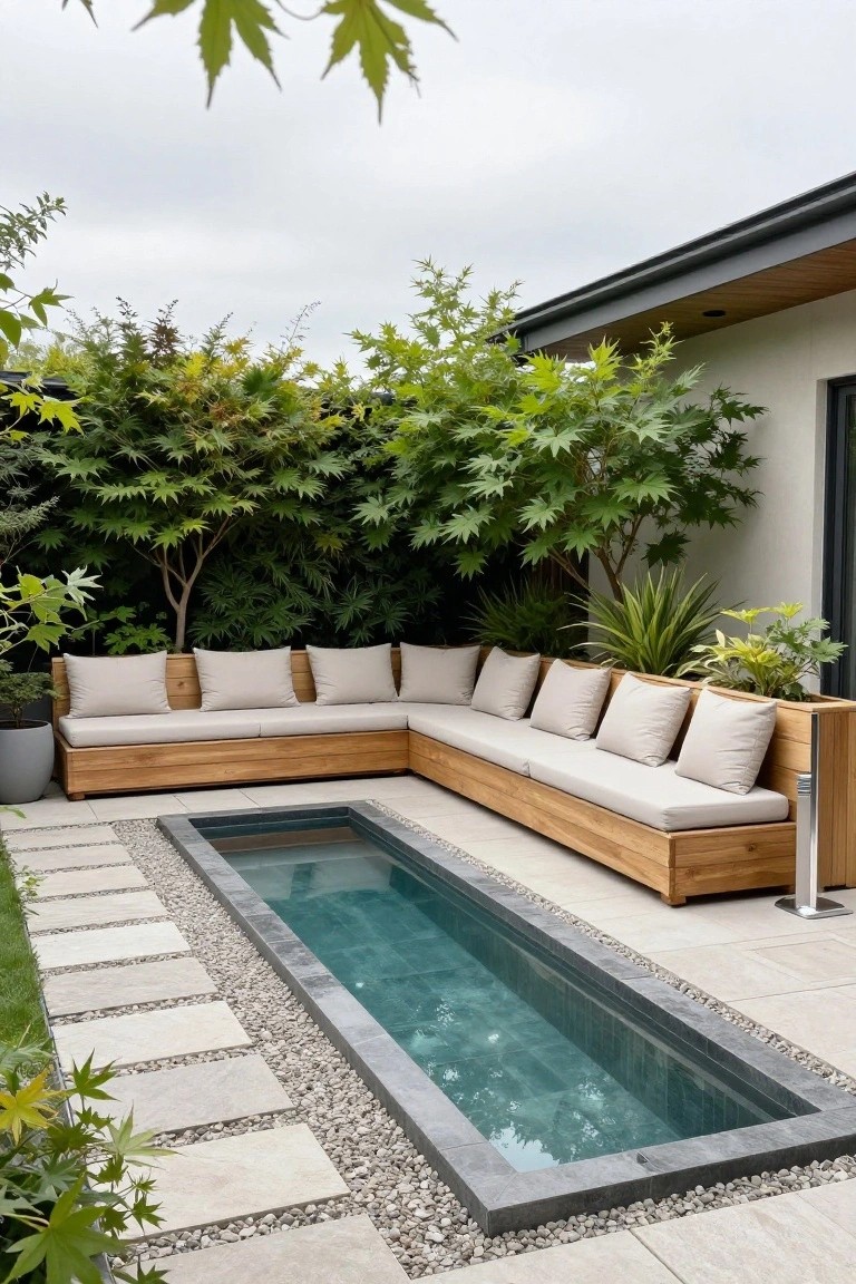 An L-shaped wooden bench with light cushions borders a rectangular pool on a stone patio, with trees and plants filling the background.