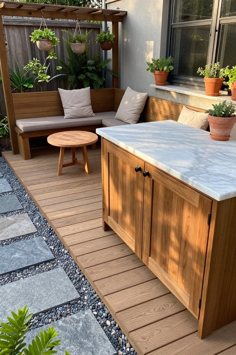 Wooden patio with built-in bench seating, a wooden cabinet topped with marble, hanging plants, and a gravel path with stone pavers.