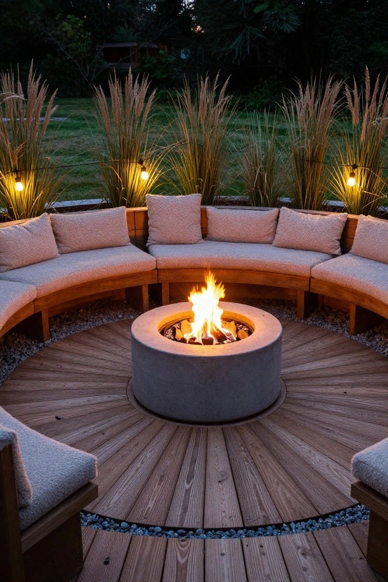 Circular fire pit ablaze amid curved cushioned seating on wooden deck with string lights.