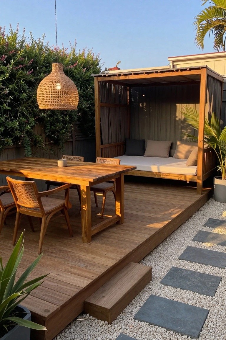 Wooden deck with dining table, woven chairs, hanging lamp, and canopy daybed.