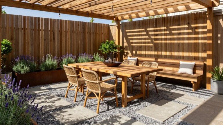 21 Fresh Wooden Patio Landscaping Ideas That Blend Wood Structures and Garden Spaces A wooden pergola covers a rectangular dining table with woven chairs on a gravel surface dotted with stone pavers, surrounded by wooden planters and garden beds.