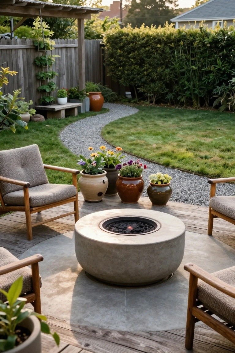 Patio with circular fire pit, wooden chairs, colorful flower pots, and gravel path.