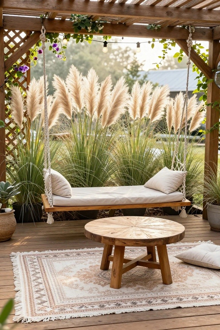 A wooden hanging daybed with cushions suspended from a pergola on a deck, next to a round wooden table and tall ornamental grasses.