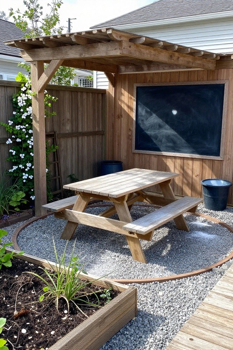 A wooden picnic table and benches sit under a pergola on a circular gravel patio, with raised garden beds in the foreground and a chalkboard mounted on the house wall.