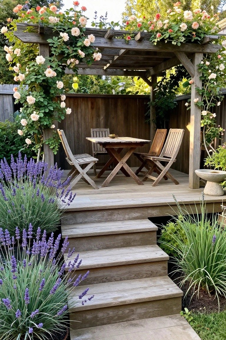 Wooden deck with rose-covered pergola, table, chairs, steps, and lavender plants