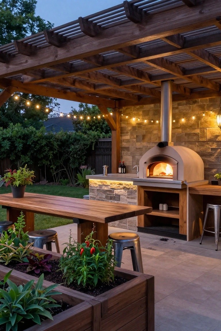 Wooden patio with lit pizza oven, dining table, stools, string lights, and planters.