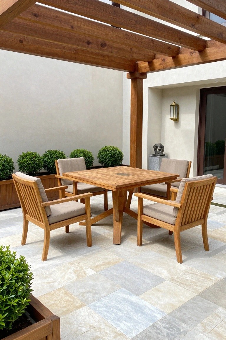 A square wooden dining table with four matching armchairs sits under a wooden pergola on a tiled patio, with potted shrubs along the back wall.