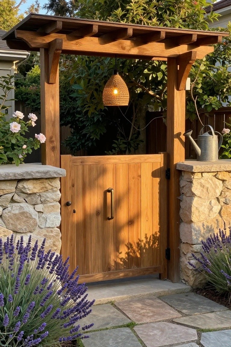 Wooden garden gate under pergola with hanging lantern, stone pillars, and blooming lavender