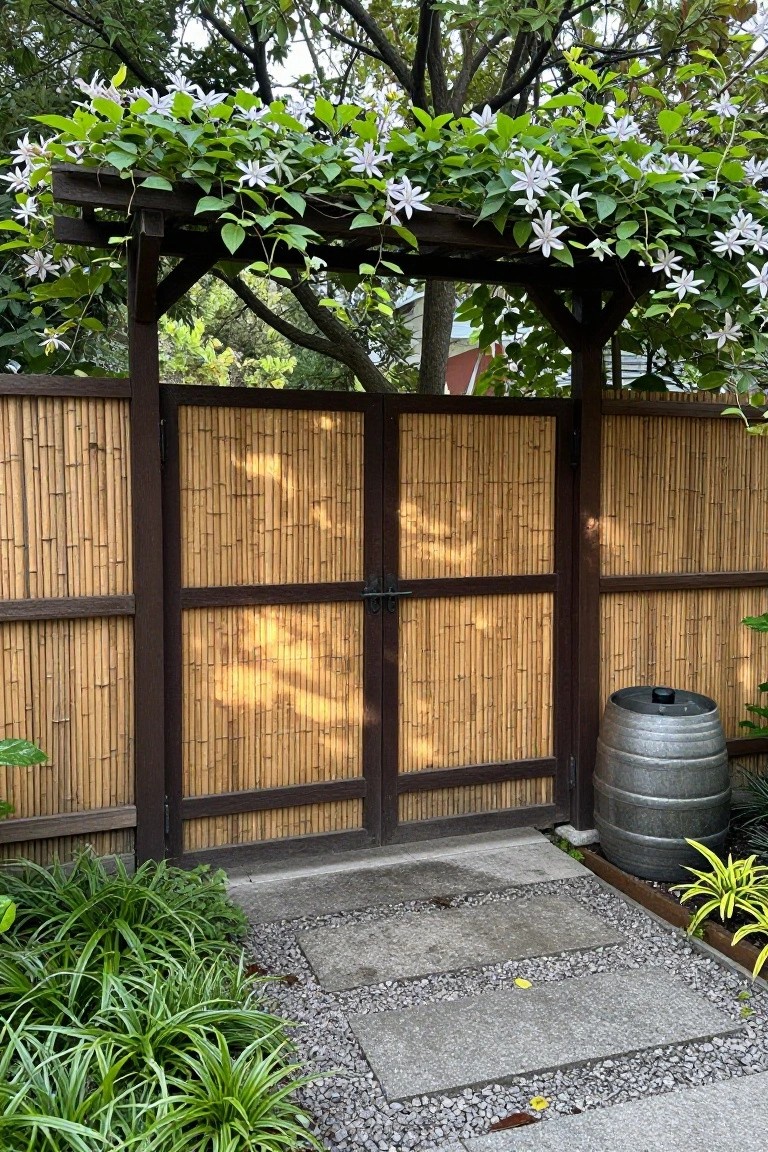A double bamboo gate with a dark wood frame is set between matching bamboo fence panels, topped with white flowering vines and surrounded by garden plants and a gravel path.