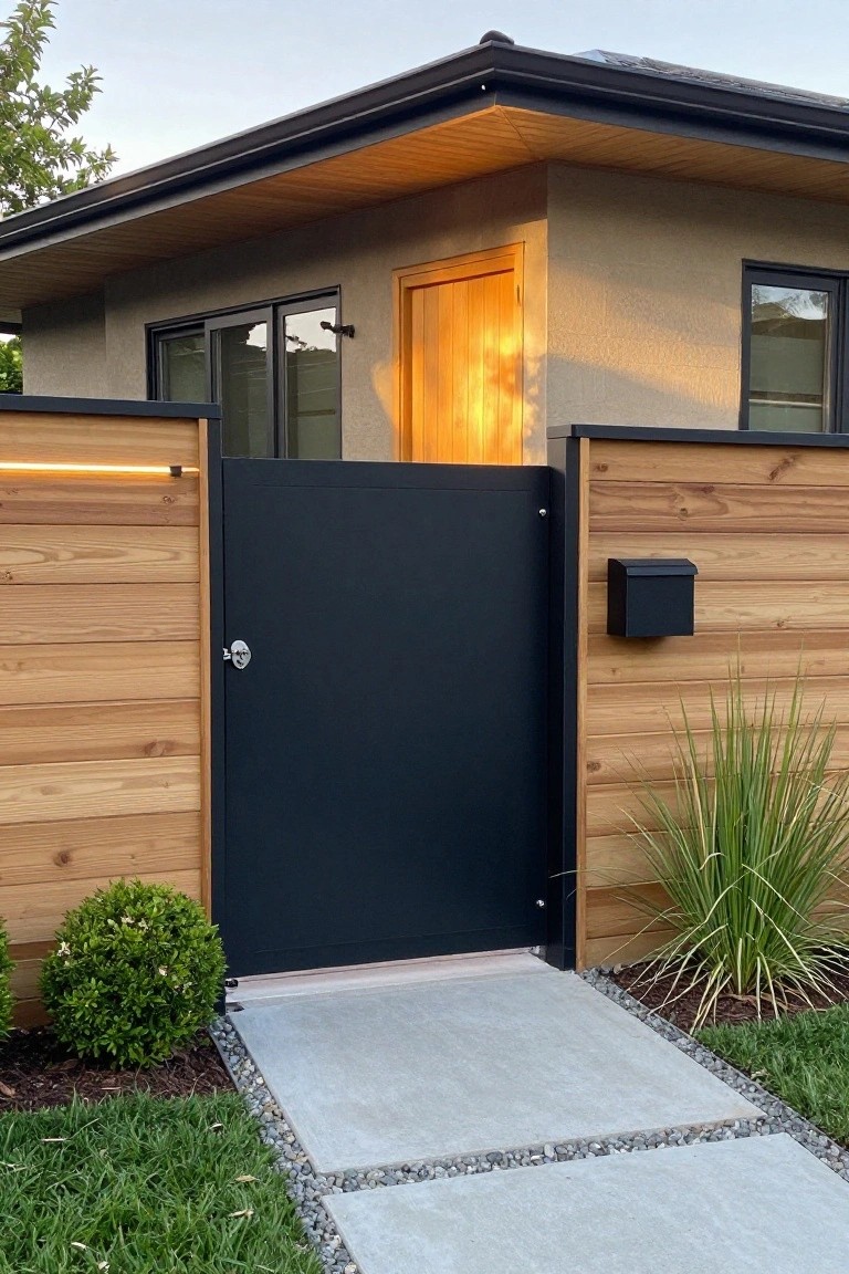 Modern home with black gate, wooden fence, mailbox, and concrete pathway.