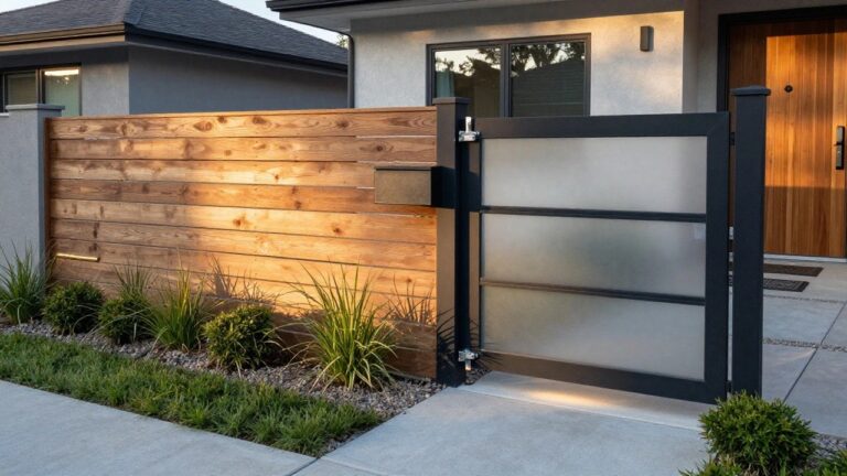 15 Modern Fence Gate Designs That Balance Privacy and Visual Appeal Modern home with black gate, wooden fence, mailbox, and concrete pathway.
