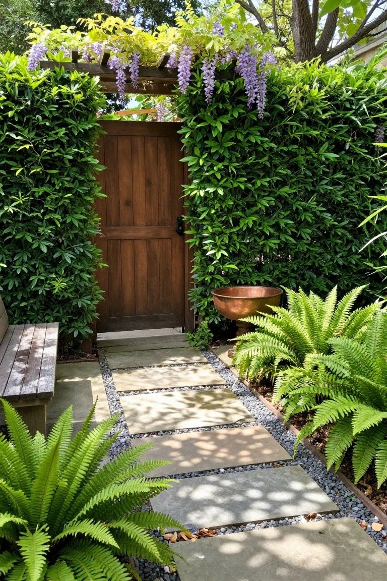 Wooden garden door amid lush ferns, purple wisteria, and stone pathway with copper bowl