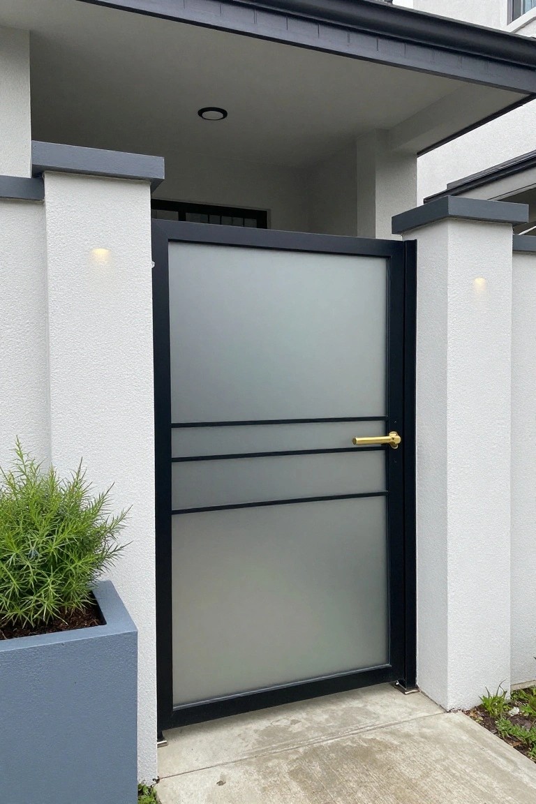Modern black-framed gate with frosted glass panels and gold handle between white pillars
