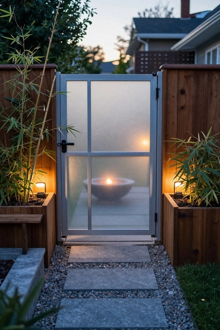 A modern metal gate with frosted glass panels stands open between wooden fence sections, with a stone pathway leading through gravel and bamboo plants in raised planters on both sides.