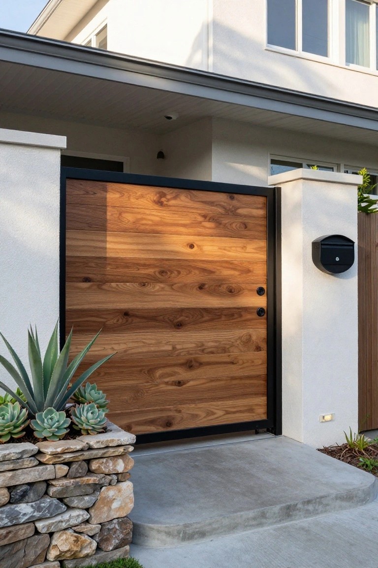 A modern wooden gate with horizontal slats set in a black frame at a house entrance beside a stone planter.