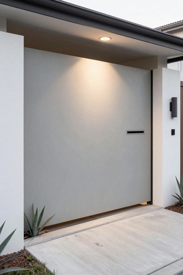 Modern light gray garage door with mail slot, concrete driveway, and agave plants.