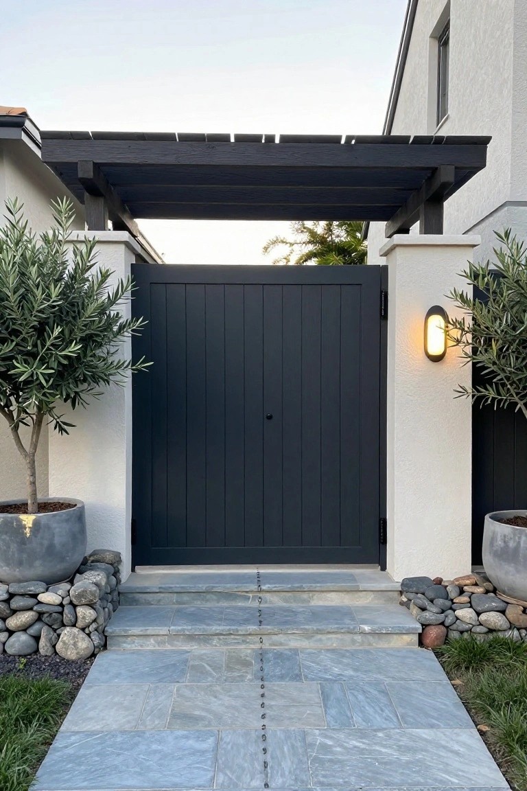 Black wooden gate under pergola with stone steps, potted olive trees, and lit sconce