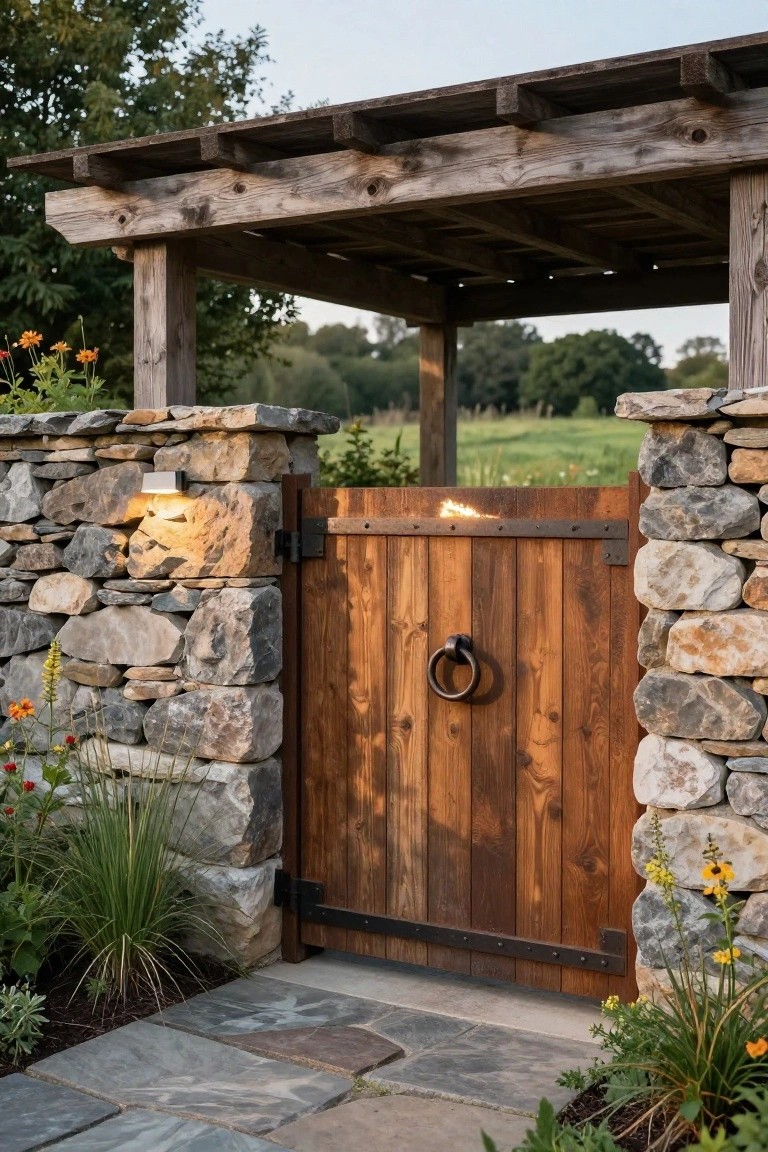 Rustic wooden gate with metal ring handle between stone walls under timber pergola