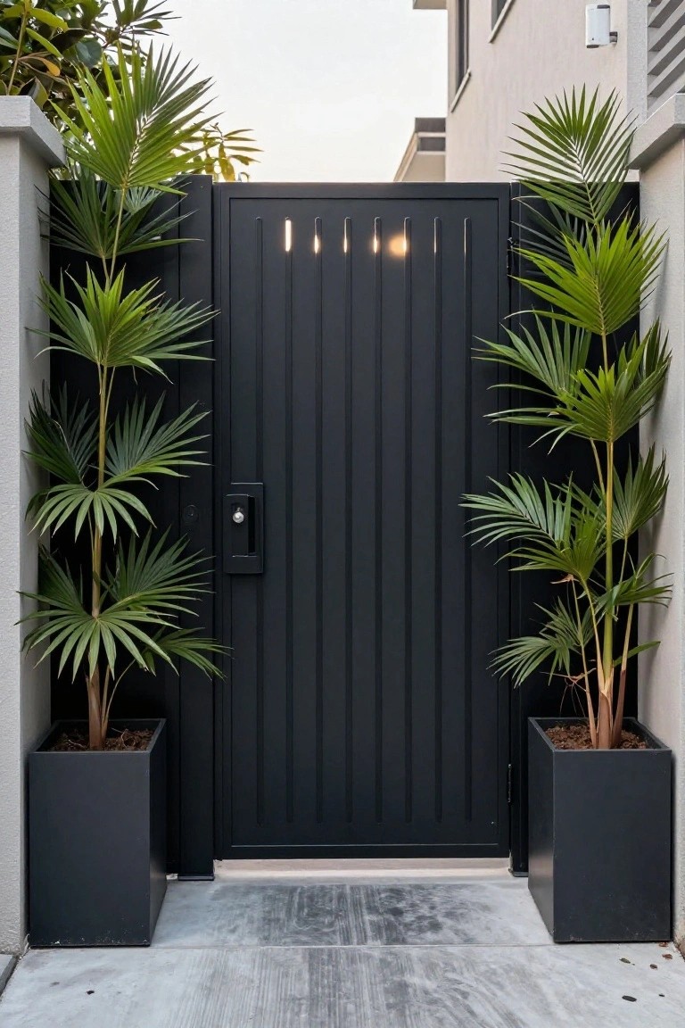 A black metal gate with vertical slats and small integrated lights at the top, flanked by two tall potted palm plants in black rectangular planters on a concrete walkway.