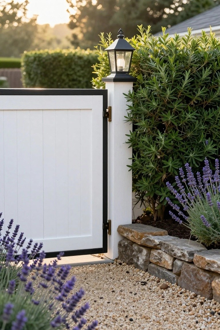 A white wooden gate with black trim is slightly open next to a white post with a black lantern, bordered by lavender plants and a low stone wall on a gravel path.