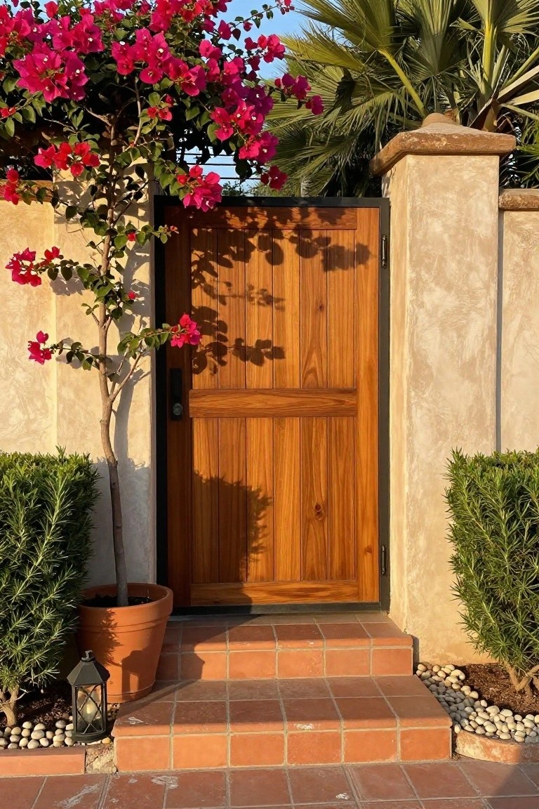 A vertical wood gate with a black frame stands between stucco walls, with bougainvillea on the left and tiled steps in front.