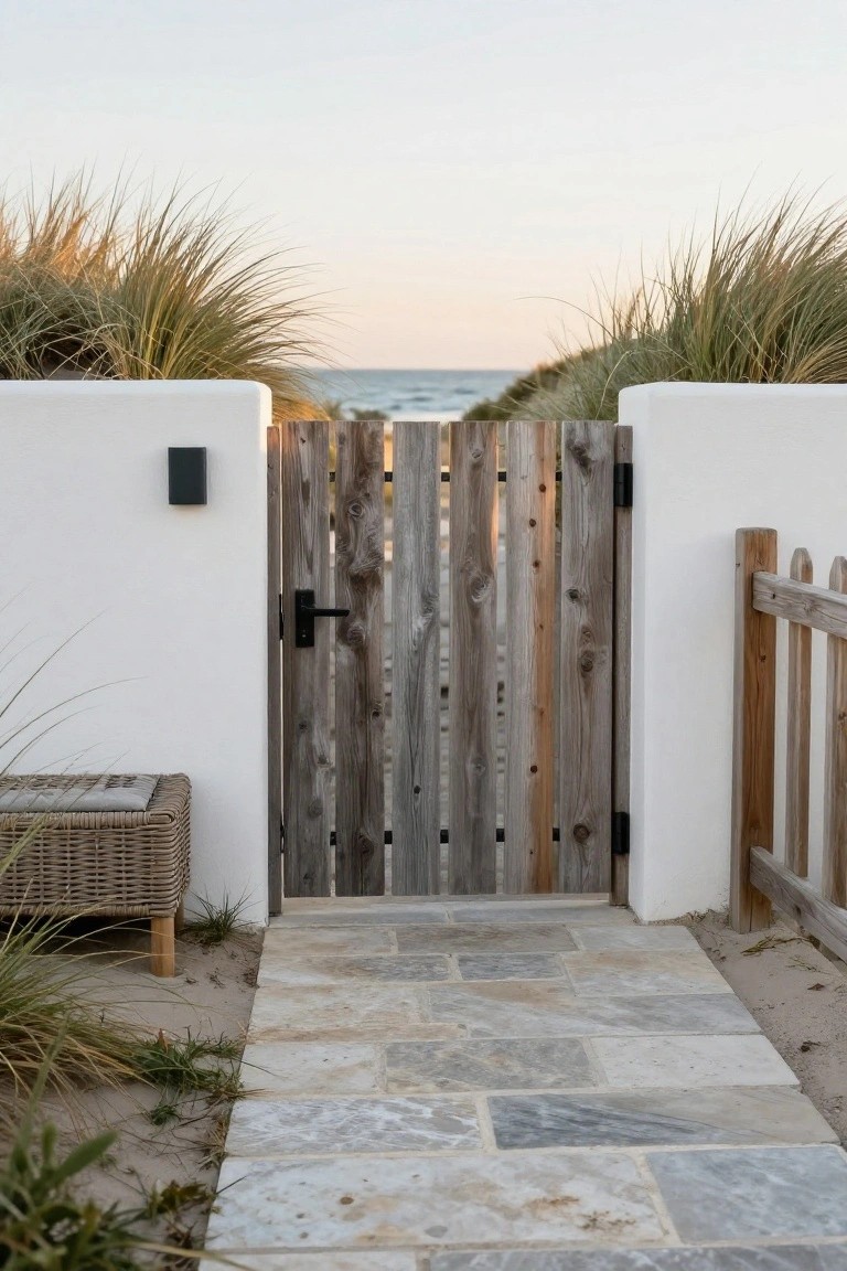 A vertical wood slat gate is set between two white stucco walls with a stone path leading through to the ocean and beach grass visible on both sides.