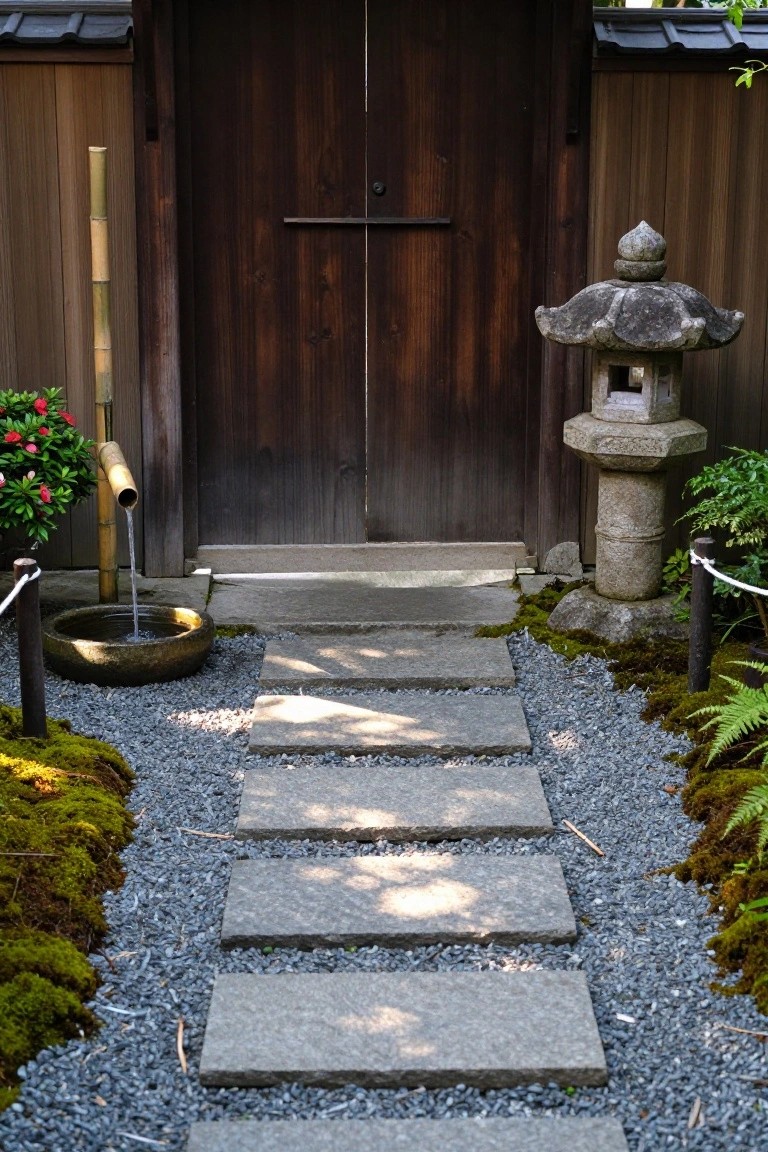 Stone path leads to wooden door with stone lantern and bamboo water feature.