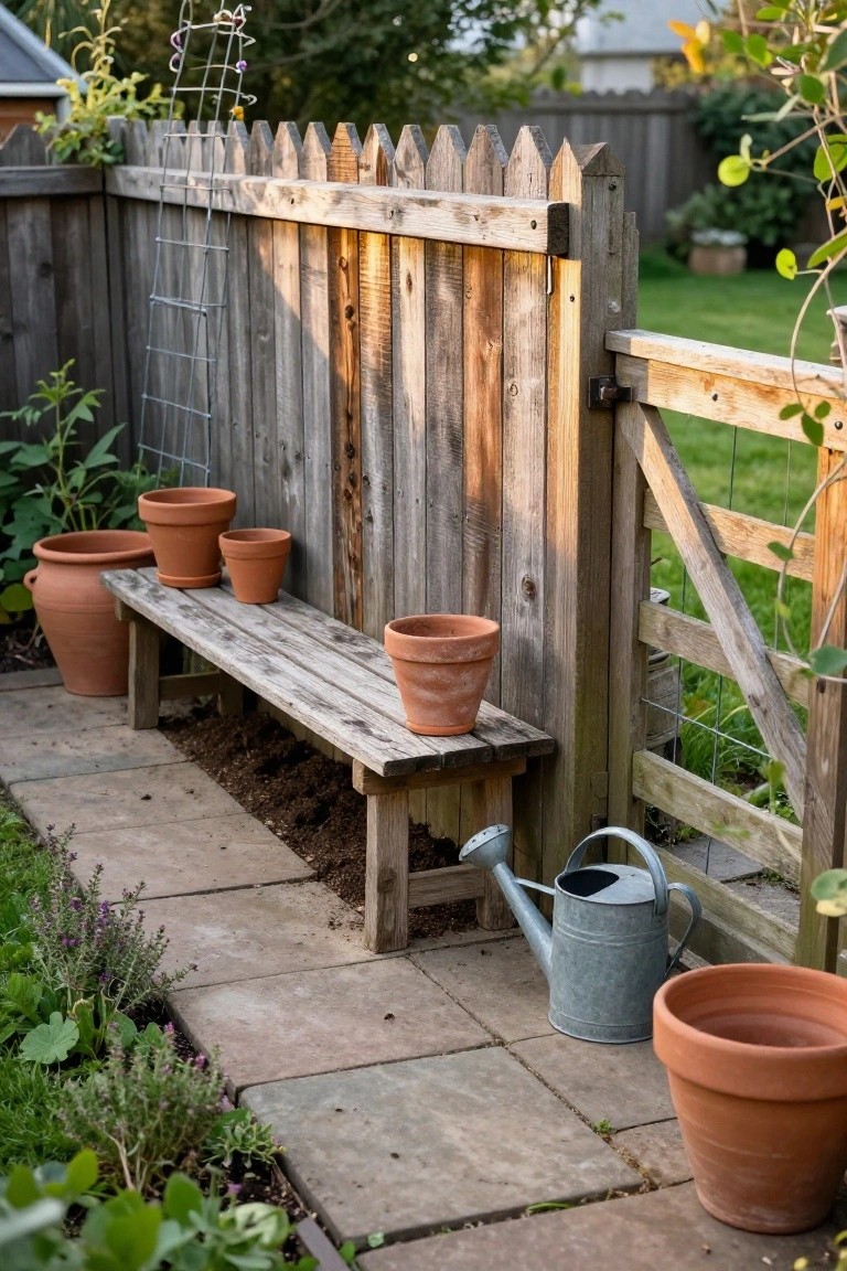 A wooden privacy fence with a built-in bench holding terracotta pots, next to a garden path, watering can, and gate.