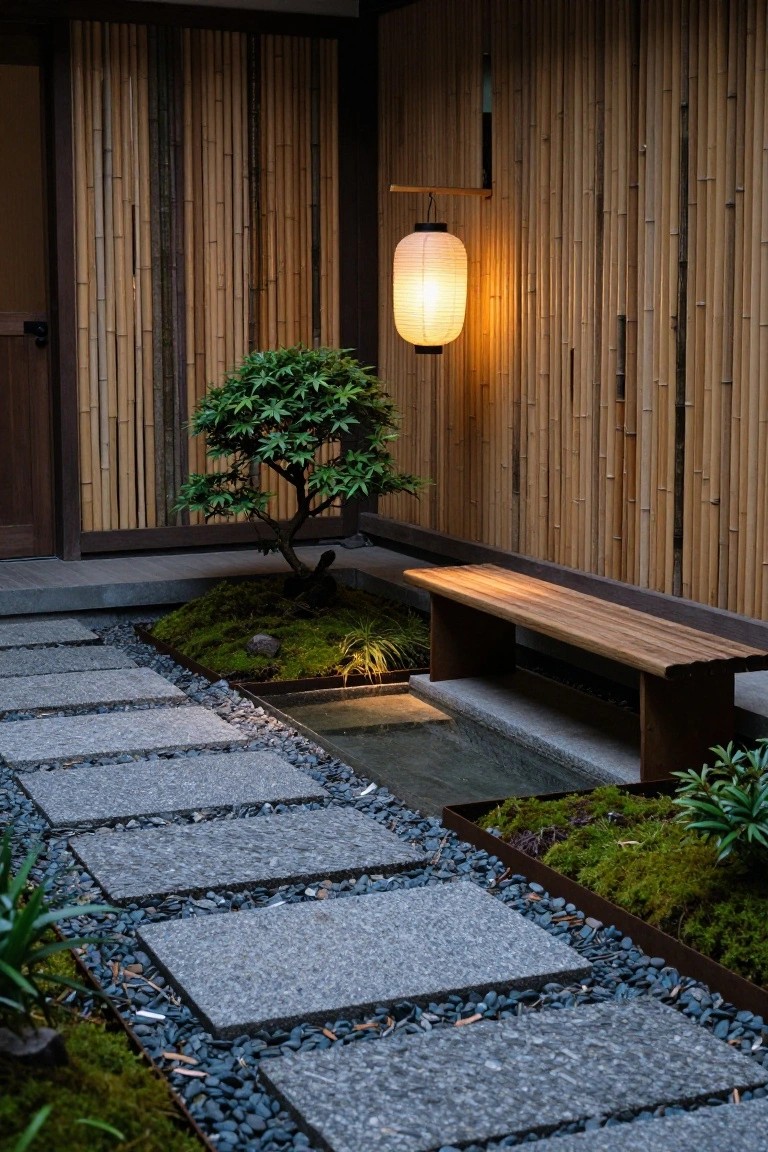 Japanese zen garden with stone path, glowing lantern, wooden bench, and bamboo walls.