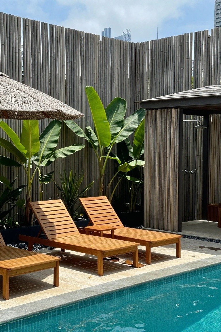A pool deck with wooden lounge chairs, a tall vertical bamboo fence, large green plants, and a thatched umbrella beside the water.