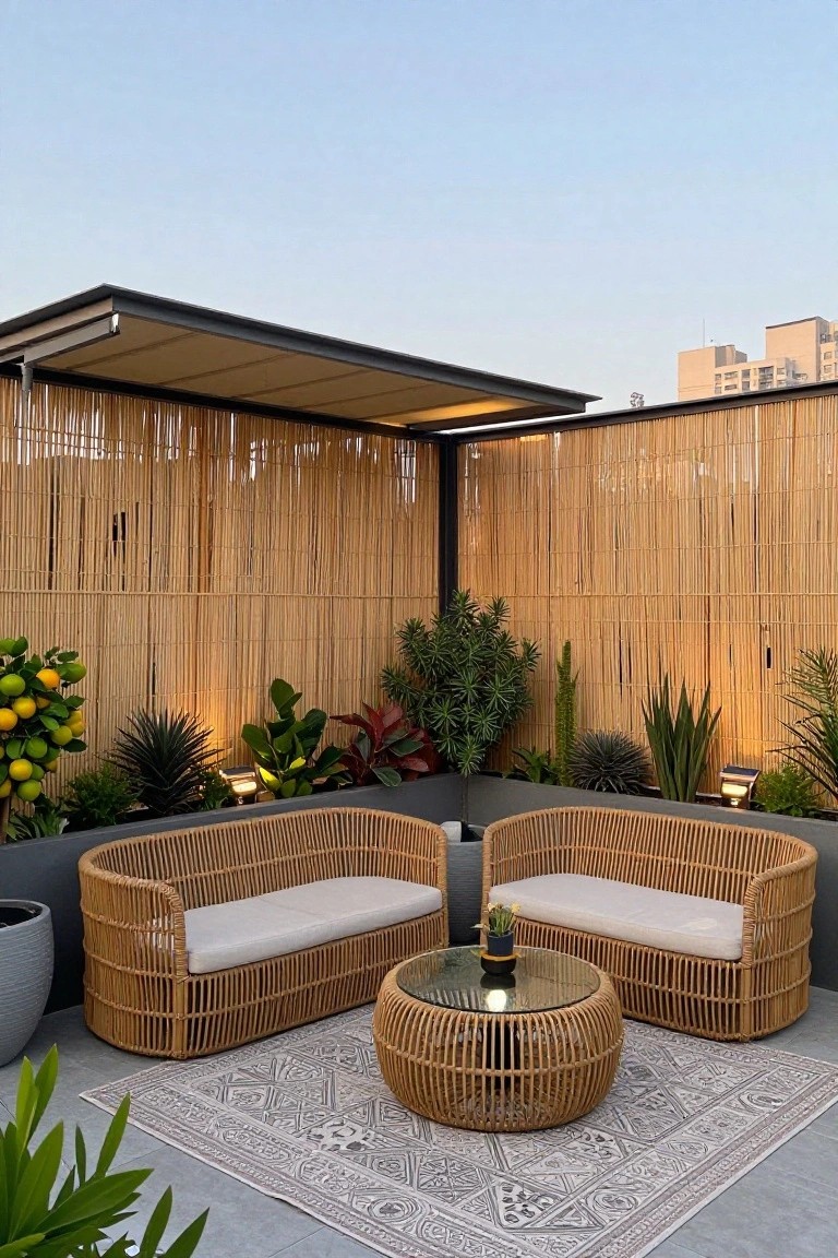 Rooftop patio enclosed by tall bamboo fencing with two curved rattan sofas, a round coffee table, and potted plants along the perimeter.