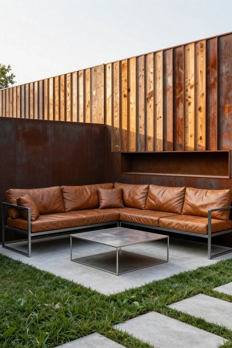 An L-shaped outdoor sofa with brown cushions sits on a concrete patio against a wall of vertical wood slats mounted above rusted metal panels, with grass and pavers in the foreground.