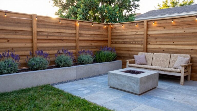 23 Smart Wood Privacy Fence Ideas That Block Views Without Feeling Closed In Backyard patio with wood privacy fence, concrete raised planter filled with lavender, square concrete fire pit, and two wooden lounge chairs with beige cushions on stone pavers.
