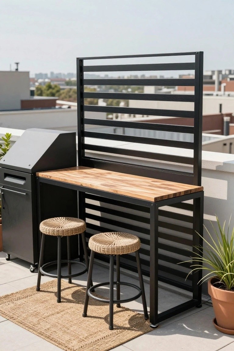 An outdoor bar setup on a rooftop terrace with a black metal frame holding horizontal slats as a privacy screen behind a wooden countertop and two woven stools.