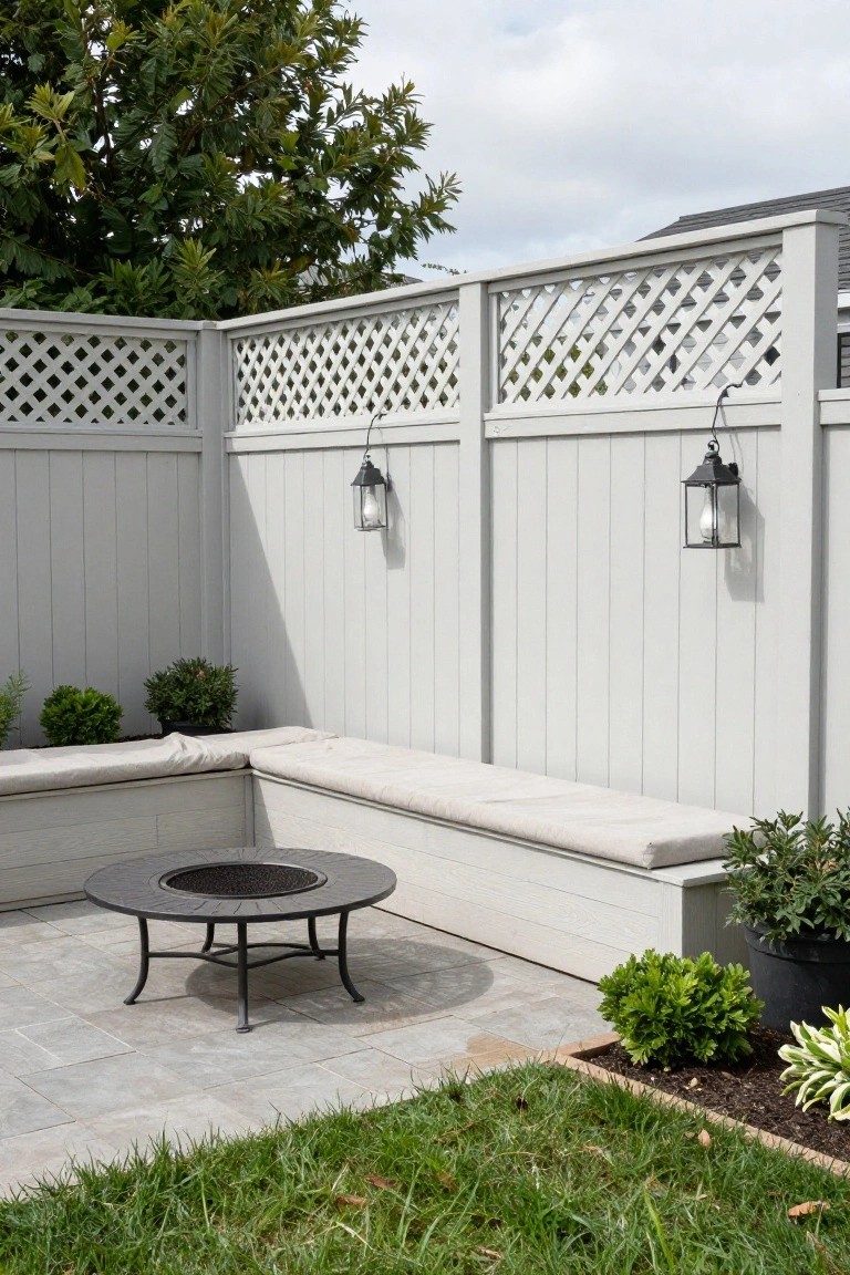 A light gray wood privacy fence with diagonal lattice panels on top encloses a stone patio with built-in benches, a round fire pit table, and several potted shrubs.