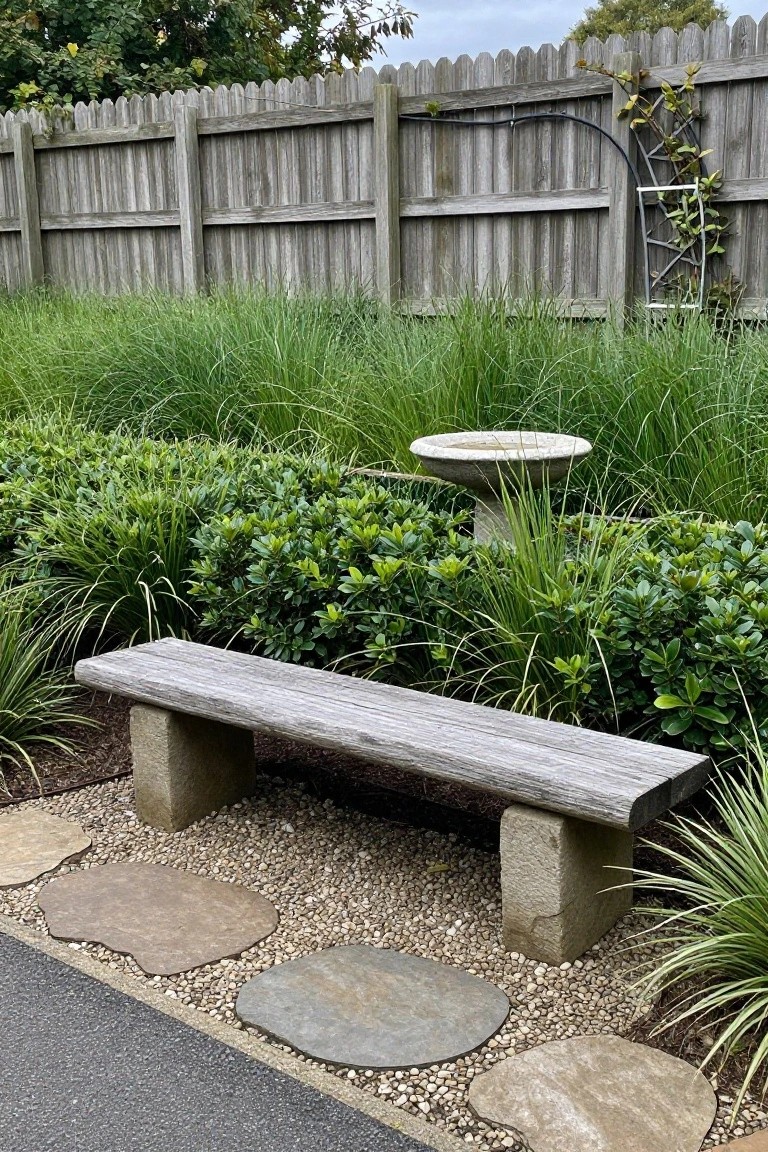 A wooden privacy fence with layered shrubs and tall grasses in front, a stone bench on gravel, and flat stepping stones leading toward it.
