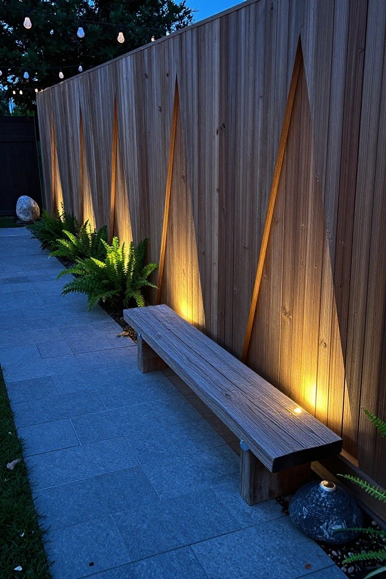 Wooden bench against backlit fence with triangular cutouts and ferns on stone path